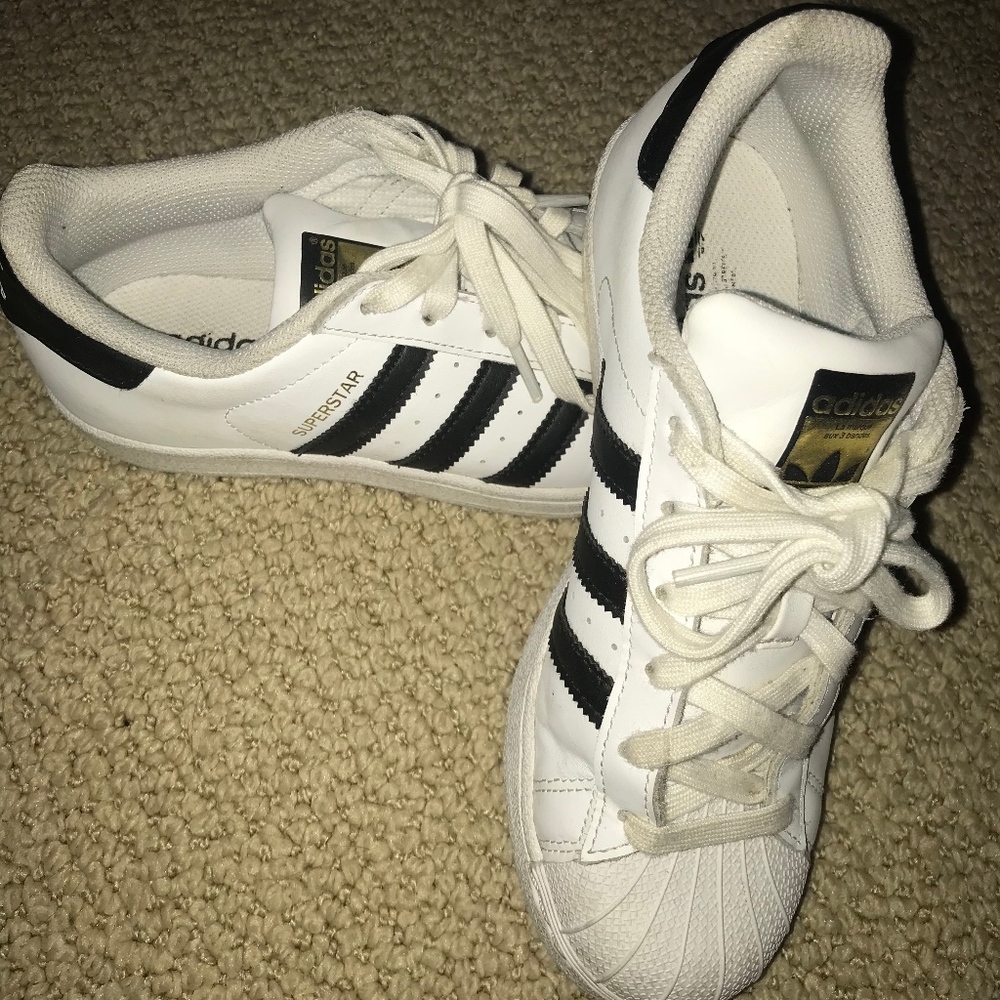 White and Black Adidas Superstar Shoes